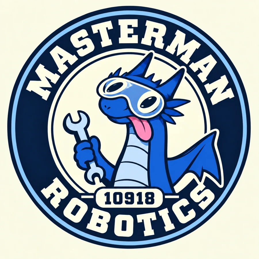 Masterman Robotics 10918 blue dragon wearing goggles and holding a wrench